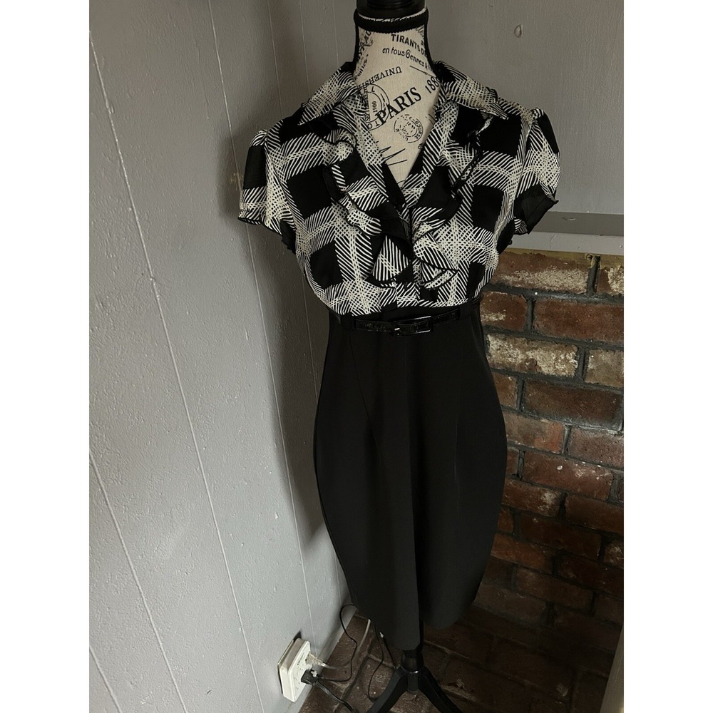 Womens Classy Print Top Black Dress W/ Belt 8 Ruffled Neck Side Zip Evening Wear